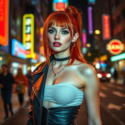 A confident, skinny redhead exuding allure and charisma, dressed in a stylish and edgy urban outfit