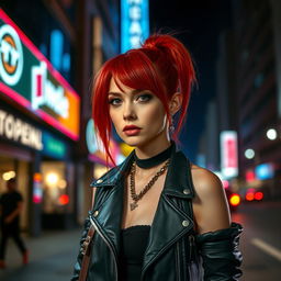 A confident, skinny redhead exuding allure and charisma, dressed in a stylish and edgy urban outfit