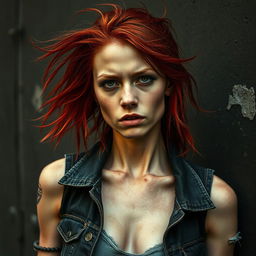 A skinny redhead with an edgy appearance, showcasing a dramatic scene where her ripped clothes reflect a raw and rebellious style