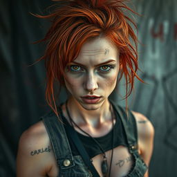 A skinny redhead with an edgy appearance, showcasing a dramatic scene where her ripped clothes reflect a raw and rebellious style