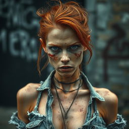 A skinny redhead with an intense and dramatic look, her face marked with bruises that tell a story of struggle and resilience