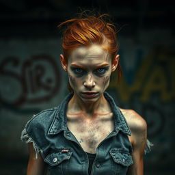 A skinny redhead with an intense and dramatic look, her face marked with bruises that tell a story of struggle and resilience