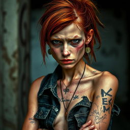 A skinny redhead with an intense and dramatic look, her face marked with bruises that tell a story of struggle and resilience