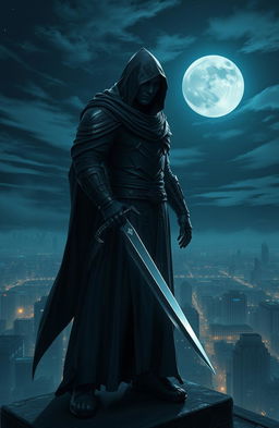 A mysterious, shadowy figure known as the Night Blade, standing atop a rooftop at night, clad in dark, flowing armor that glimmers slightly under the moonlight