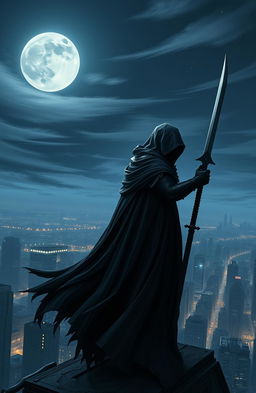 A mysterious, shadowy figure known as the Night Blade, standing atop a rooftop at night, clad in dark, flowing armor that glimmers slightly under the moonlight
