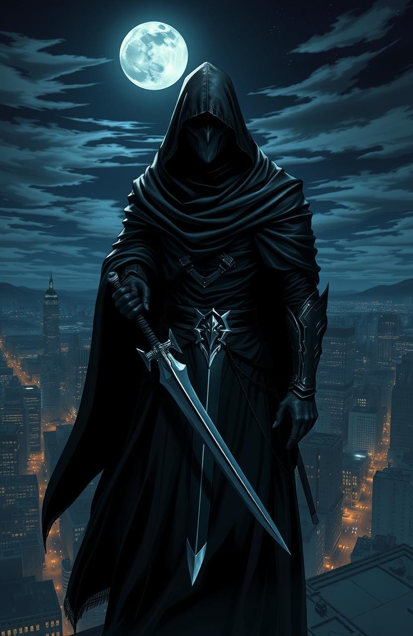 A mysterious, shadowy figure known as the Night Blade, standing atop a rooftop at night, clad in dark, flowing armor that glimmers slightly under the moonlight