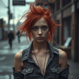 A skinny redhead with a striking appearance, wearing deliberately tattered and dirty clothes that create a raw and edgy aesthetic