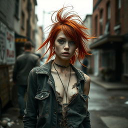 A skinny redhead with a striking appearance, wearing deliberately tattered and dirty clothes that create a raw and edgy aesthetic