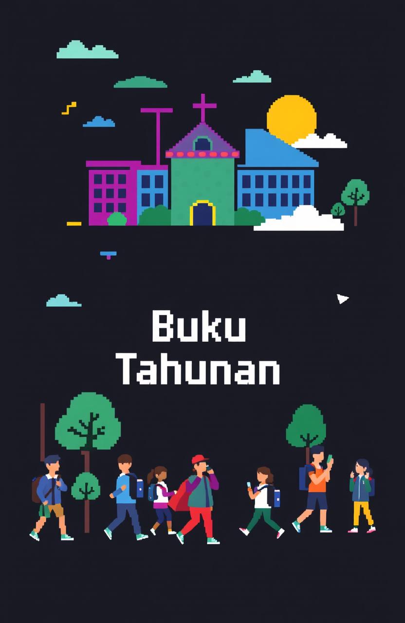 A modern pixel art cover for a school yearbook, featuring a dark color palette