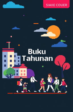 A modern pixel art cover for a school yearbook, featuring a dark color palette