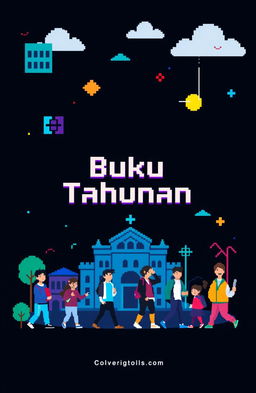 A modern pixel art cover for a school yearbook, featuring a dark color palette