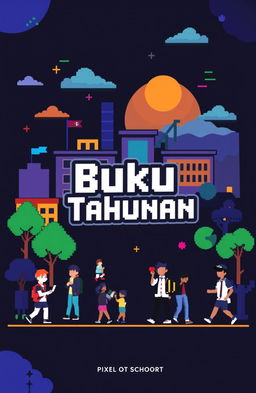 A modern pixel art cover for a school yearbook, featuring a dark color palette