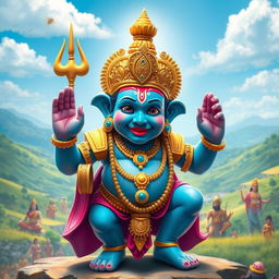A vibrant and ethereal depiction of Lord Vishnu in his Vamana avatar, showcasing him as a dwarf Brahmin with a serene and benevolent expression