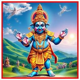 A vibrant and ethereal depiction of Lord Vishnu in his Vamana avatar, showcasing him as a dwarf Brahmin with a serene and benevolent expression