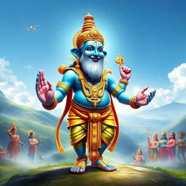 A vibrant and ethereal depiction of Lord Vishnu in his Vamana avatar, showcasing him as a dwarf Brahmin with a serene and benevolent expression