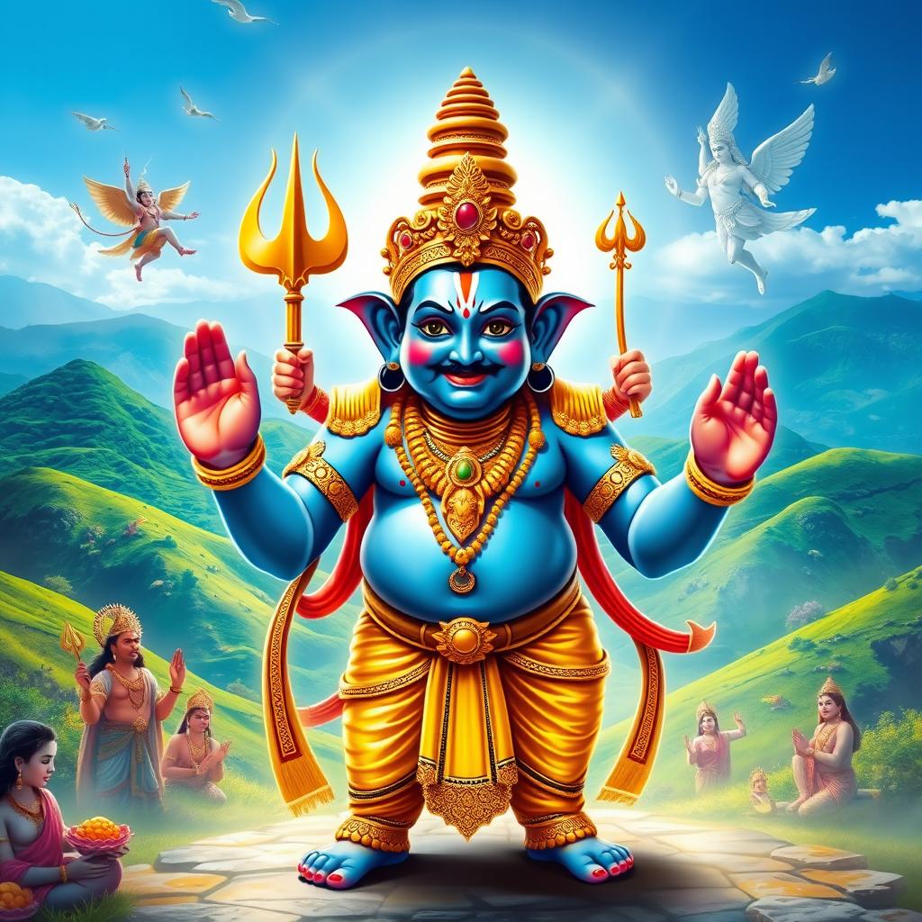 A vibrant and ethereal depiction of Lord Vishnu in his Vamana avatar, showcasing him as a dwarf Brahmin with a serene and benevolent expression