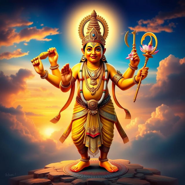 A divine depiction of Lord Vishnu in his Vamana avatar, showcasing him as a beautiful Brahmin dwarf with a radiant golden complexion