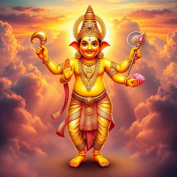 A divine depiction of Lord Vishnu in his Vamana avatar, showcasing him as a beautiful Brahmin dwarf with a radiant golden complexion
