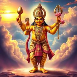 A divine depiction of Lord Vishnu in his Vamana avatar, showcasing him as a beautiful Brahmin dwarf with a radiant golden complexion