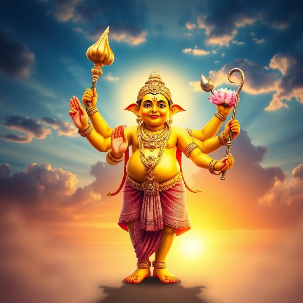 A divine depiction of Lord Vishnu in his Vamana avatar, showcasing him as a beautiful Brahmin dwarf with a radiant golden complexion