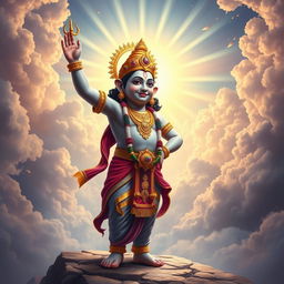 A majestic depiction of Lord Vishnu in his Vamana avatar, standing elegantly with a serene expression