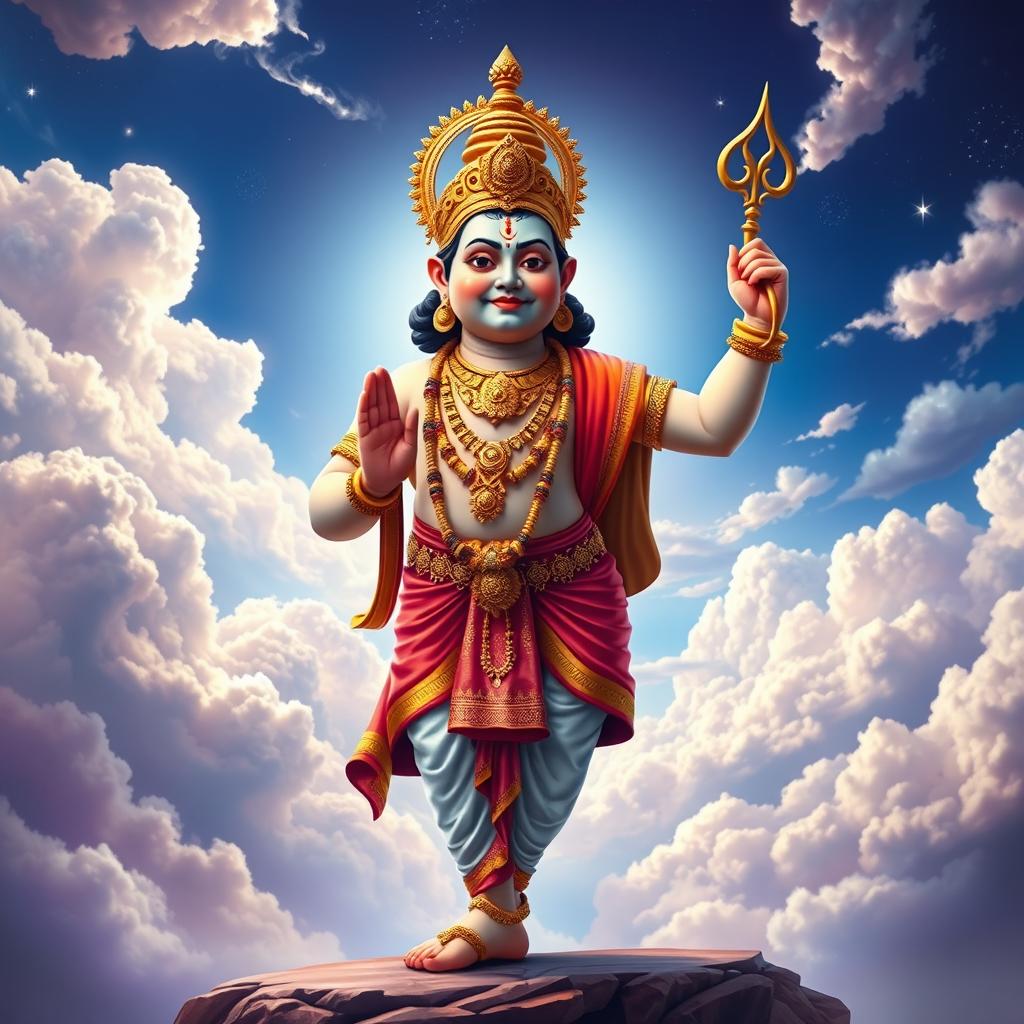 A majestic depiction of Lord Vishnu in his Vamana avatar, standing elegantly with a serene expression