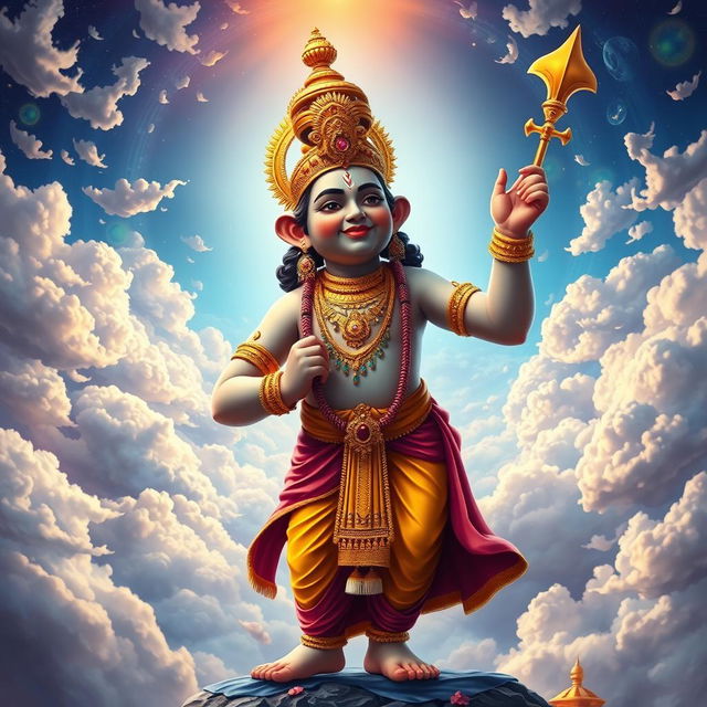 A majestic depiction of Lord Vishnu in his Vamana avatar, standing elegantly with a serene expression