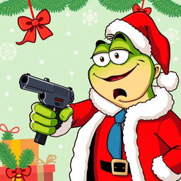 A cartoon-style illustration of Pepe the Frog dressed as Santa Claus, complete with a red suit, white fluffy trim, and a Santa hat