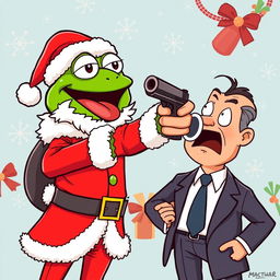 A cartoon-style illustration of Pepe the Frog dressed as Santa Claus, complete with a red suit, white fluffy trim, and a Santa hat