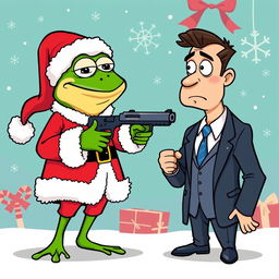 A cartoon-style illustration of Pepe the Frog dressed as Santa Claus, complete with a red suit, white fluffy trim, and a Santa hat