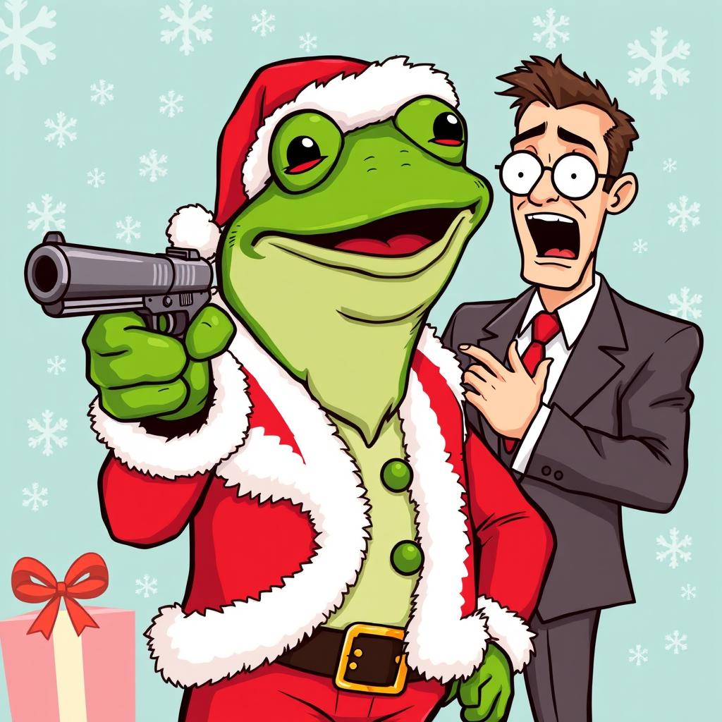 A cartoon-style illustration of Pepe the Frog dressed as Santa Claus, complete with a red suit, white fluffy trim, and a Santa hat