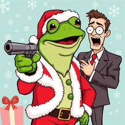 A cartoon-style illustration of Pepe the Frog dressed as Santa Claus, complete with a red suit, white fluffy trim, and a Santa hat