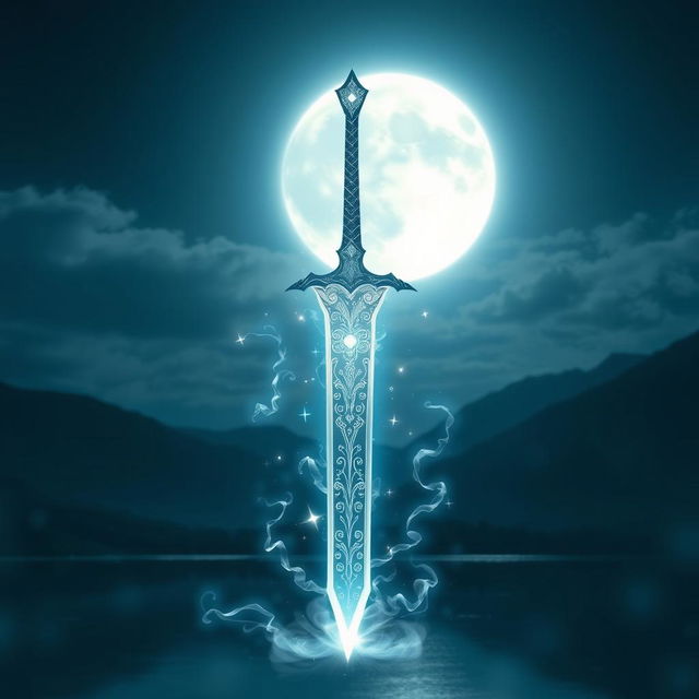 An ethereal scene featuring the Moon Blade, a stunning, magical sword glowing softly under a luminous full moon