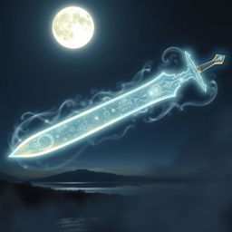 An ethereal scene featuring the Moon Blade, a stunning, magical sword glowing softly under a luminous full moon