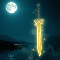 An ethereal scene featuring the Moon Blade, a stunning, magical sword glowing softly under a luminous full moon