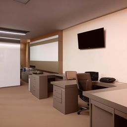 An interior of a chief engineer's office with modern furniture in shades of beige, grey, and brown. Feature a wall with a mounted LCD screen opposite to the desk.