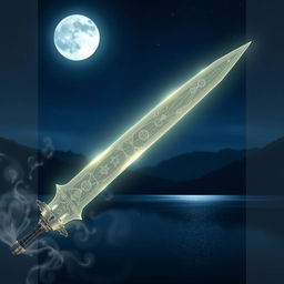 An ethereal scene featuring the Moon Blade, a stunning, magical sword glowing softly under a luminous full moon