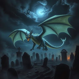 An evil ghost dragon with glowing eyes and translucent, ethereal wings soaring through a haunted necropolis at night