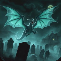 An evil ghost dragon with glowing eyes and translucent, ethereal wings soaring through a haunted necropolis at night