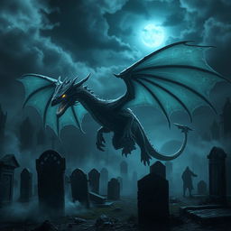An evil ghost dragon with glowing eyes and translucent, ethereal wings soaring through a haunted necropolis at night