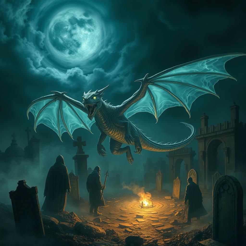 An evil ghost dragon with glowing eyes and translucent, ethereal wings soaring through a haunted necropolis at night