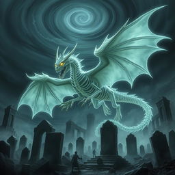 An evil ghost dragon, appearing semi-transparent so that its skeletal bones are visible, flying ominously over a haunted necropolis at night