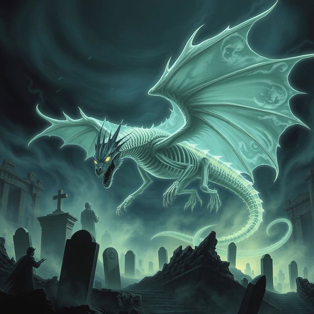 An evil ghost dragon, appearing semi-transparent so that its skeletal bones are visible, flying ominously over a haunted necropolis at night