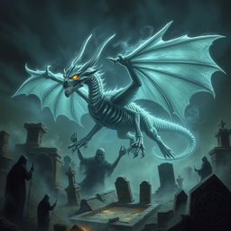 An evil ghost dragon, appearing semi-transparent so that its skeletal bones are visible, flying ominously over a haunted necropolis at night