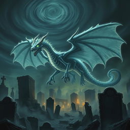 An evil ghost dragon, appearing semi-transparent so that its skeletal bones are visible, flying ominously over a haunted necropolis at night
