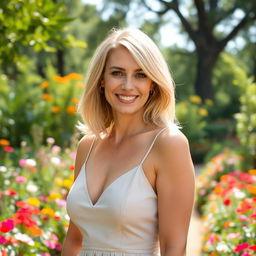 A confident 35-year-old blonde woman with shoulder-length hair, wearing a stylish summer dress