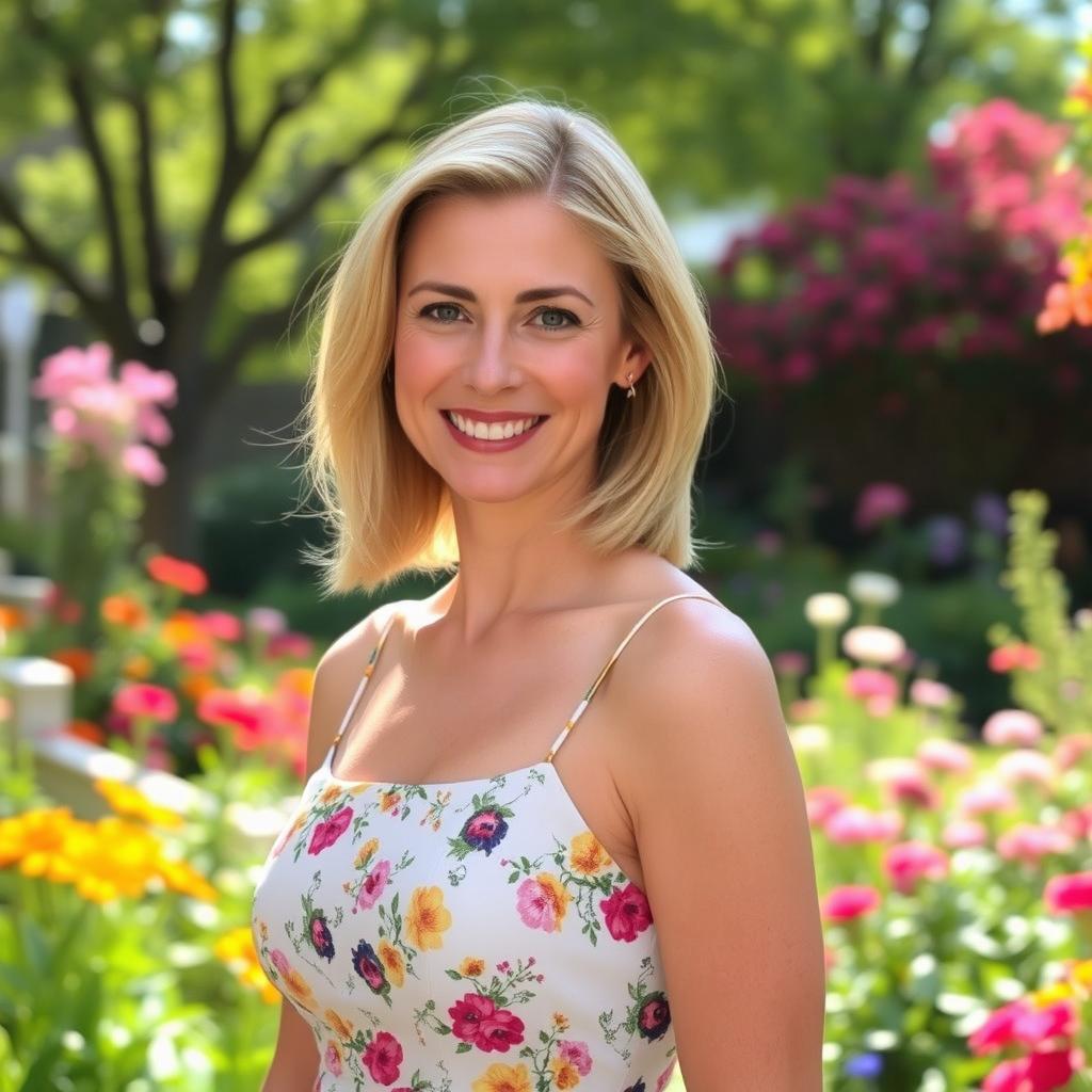 A confident 35-year-old blonde woman with shoulder-length hair, wearing a stylish summer dress