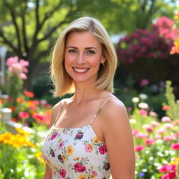 A confident 35-year-old blonde woman with shoulder-length hair, wearing a stylish summer dress