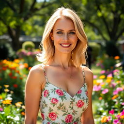 A confident 35-year-old blonde woman with shoulder-length hair, wearing a stylish summer dress