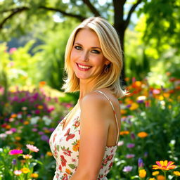 A confident 35-year-old blonde woman with shoulder-length hair, wearing a stylish summer dress